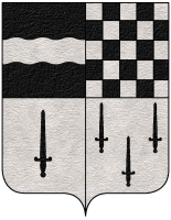 Blason armoiries de Fajac la Relenque Écartelé : au 1er de sable à la fasce ondée d‘argent, au 2e échiqueté d‘argent et de sable, au 3e d‘argent à l‘épée haute de sable, au 4e d‘argent à trois épées hautes de sable mal ordonnées.