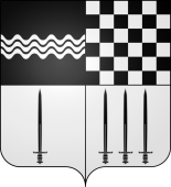 Blason armoiries de Fajac la Relenque Ecartelé, au premier de sable à une onde d‘argent en fasce, au second échiqueté d‘argent et de sable, au troisième d‘argent à une épée de sable, au quatrième d‘argent à trois épées de sable posées en pal et rangées en fasce.